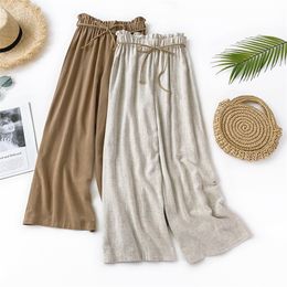 ZADORIN Korean Casual Summer Wide Leg Pants Women Linen High Waist Palazzo Pants With Belt Black White Loose Wide leg Trousers T200319