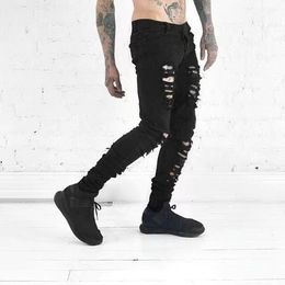 Men's Jeans Black Slim With Ripped Knees European And American Men's Stretch TrousersMen's