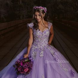 Lavender 3D Flower Quinceanera Dresses Lace-up Back Sweet 16 Dress Off The Shoulder Beaded Light Purple Ball Gown Party Gowns