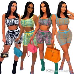 Summer Women Tracksuits 2 Pieces Printed Tights Outfits Sexy Crop Tank Top Shorts Drawstring