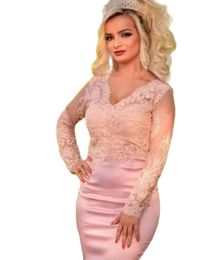Pink Mermaid Prom Dresses Long Sleeves Satin Lace Appliques V-Neck Formal Evening Party Gowns Custom robes de soiree