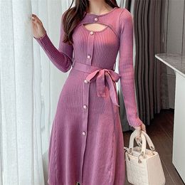 Bow Sashes Pearl Button Elegant Knit Dress Women Solid Hollow Out Long Sleeve Mid length High Waist Sweet Dresses Girls 2021 New 210319
