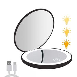 Mini Portable Folding Travel Mirror LED Light Makeup Compact 10X Magnification 2-sided Beauty Round 220509