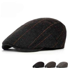 2021 Autumn Winter Men Newspaper Seller Hat Berets British Western Style Wool Advanced Flat Ivy Cap Classic Vintage Striped Beret J220722