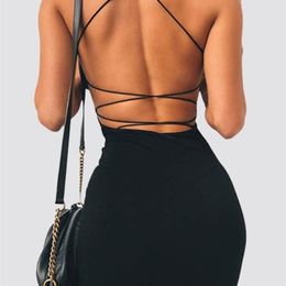 Sexy Black Dress Summer Women Clothes Solid Color Backless Spaghetti Straps Nightclub Mini Bodycon Evening Party Low Neck 220613
