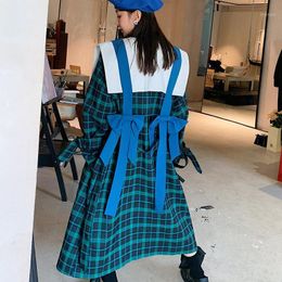 Women's Trench Coats Korea Chic Green Plaid Coat Autumn 2022 Laple Loose Shawl Bow Single Breasted Long Sleeve Windbreaker