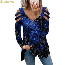 SNAKE YX Graphic Tee Woman Tshirts Rose Printed Long Sleeve Zipper V-neck TopSoft Comfortable Oversized T Shirt Goth 220407
