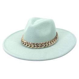 Berets 9.5CM Big Brim Women Men Solid Color Peach Heart Top Faux Wool Felt Jazz Fedora Hats With Chain Panama Party Wedding Formal HatBerets