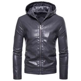 Male Shiny Grey Motorcycle Leather Jacket Xxl Oversized Hooded Zipper Faux Leather Moto Biker Jacket Men Coat Windbreaker L220725