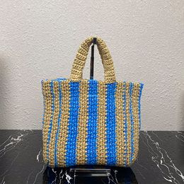 Top quality Lafite grass Stripe straw Bags shoulder Tote bag portable woman's Large capacity Shopping Bag Beach vacation designer Woven handbags Pure hand weaving