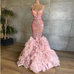Pink Beading Mermaid Evening Dresses Off the Shoulder Sequined Tier Ruffles Skirt Prom Dress Plus Size Evening Gowns For Women