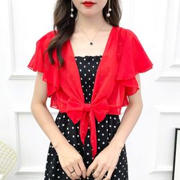 Korean Short Chiffon Bow Neckerchiefs Sunscreen Shawl Womens Summer Thin Transparent Blouse Shoulders Fake Collar Cape Knotted Scarf T95