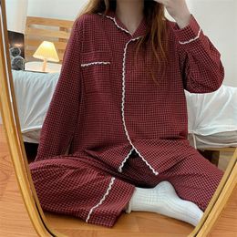Spring Winter All Season Fashion Women's Casual Lovely Plaid Sleepwear Nightgow Cute Retro Pajamas Set With Pants Year 220329