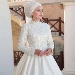 Vintage Satin Muslim Wedding Dresses Beaded Dubai Arabic Bride Gown High Collar Long Sleeve Puffy Skirt Turkey Tradition Mariage Robe 326 326