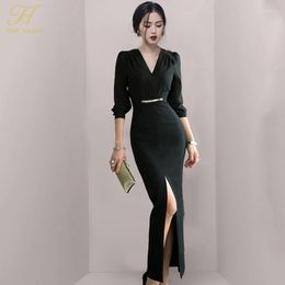 -Vestidos casuais H Han Queen 2022 Vintage Black dividido longo