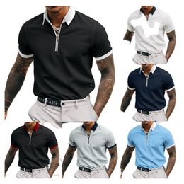 Summer Design Solid Splicing Colour Golf Polos T-shirt For Men Slim Fit Zipper Lapel Short Sleeve Loose Polo T Shirts POLO7-9