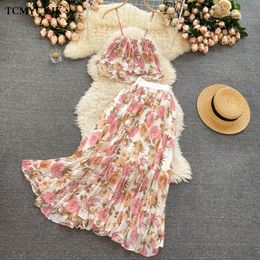 Summer Clothes For Women Holiday Beach Dress Suits Women Elegant Sling Short Top Pleated Mesh Skirt Floral Women 2Pices Set 220506