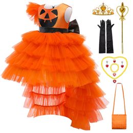 Special Occasions Pumpkin Lantern Cosplay Dress Halloween Girls Suit Children One Side Sleeveless Orange Tiered Frocks Back Bow Applique Costume 220826