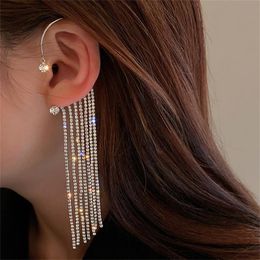 Clip-on & Screw Back Long Tassel Rhinestone Earrings Korean Style Ear Hook Crystal For Women Party Jewellery GiftsClip-on