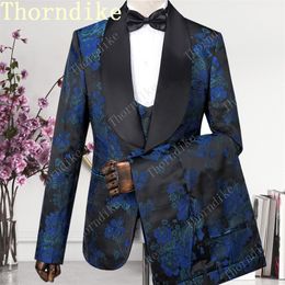 Thorndike Navy Blue Jacquard High Quality Perfect Suit Design Wedding Suits Italian Design Custom Made Men Suit Blazer 220705