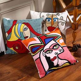 100% Cotton Picasso Embroidered Cushion Cover Sofa Pillow Case Cover For Car Chair Cushion Case 45cmx45cm Without Stuffing Homedecor 210401
