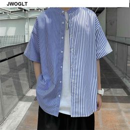 Fashion Summer New Mens Shirt Casual Short Sleeve Striped Shirts Harajuku Streetwear Button Down Collarless Social Blouse 210412