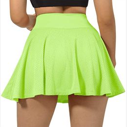 Women's Pleated Tennis Skirt Cross High Waist Mesh Golf Skirt Breathable Running Fitness Yoga Shorts Pants Gym Legging Clothes