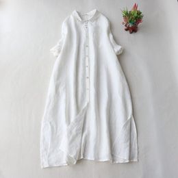 Women's Blouses & Shirts Vintage Long Shirt Dress Women Simple Loose Summer Linen Lapel Three Quarter Sleeve Black White Casual Clothing