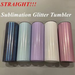 STRAIGHT Sublimation Tumbler 20oz Glitter Tumblers Mugs Stainless Steel Skinny Tumber Rainbow Tumblers Vacuum Insulated Beer Coffee Mugs with Straw