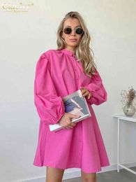 Clacive Fashion Pink Office Lady Mini Dress Casual Loose Stand Collar Long Sleeve Single-Breasted Elegant Dresses For Women 2022 T220804