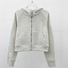 Women Brushed Full Zip Hoodie Jacket Sportswear L-98 Yoga Outfits Hooded Workout Track Running Coat with Pockets Outdoor Fleeces Thumb Holes