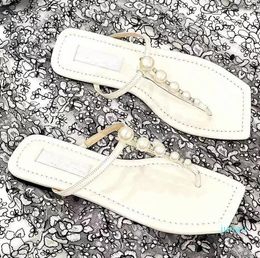 2022-Luxury Design Slide Sandals Flats For Women Pearl Embellishment Strap Flip Flop Lady Casual Walking Slip On Summer Slippers