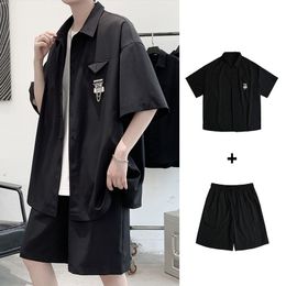 Korean Style Summer Mens Sets 2pcs Suits Short Sleeve Shirts Chain Drawstring Shorts Fashion Streetwear Oversize Clothing Man 220602