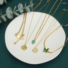 Pendant Necklaces Titanium Steel Chain Butterfly Moon Turquoise White Shell For Women Girls Vintage Jewelry HUANZHI 2022 Elle22