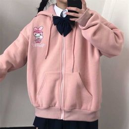 Anime Print Hoodie Women Long Sleeve Cute Print Plus Velvet Sweatshirt women Winter Kawaii Fashion Zip Up Hoodie Women 211008