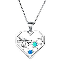 Pendant Necklaces Bamos Bee Honeycomb Hollow Heart Pendants Silver Color White/Blue Fire Opal Necklace Chain For WomenPendant