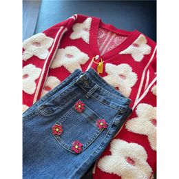 Women's Two Piece Pants Women's Jeans Suit Flower Sweater Knit Cardigan Jacket Korean Fashion High Waist Straight Pocket Denim Trousers