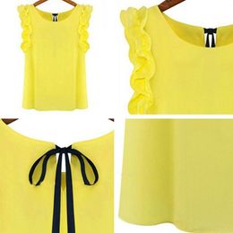 Women's Polos Blouse Summer Fashion Lotus Leaf O-Neck Casual Shirt Ladies Bow Chiffon Blouses Tops S-XL White YellowWomen's PolosWomen's