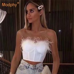 Summer High Quality Fashion Feather Strapless Black And White Bandage Top Night Club Short 220316