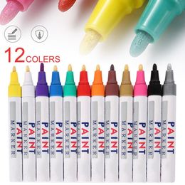 12PCS Waterproof Color Markers 12 Colors Durable Car Wheel Tire Oily Mark Rubber Tyre Paint Pen Metal Permanent Paint Marker Pen 201120