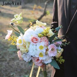 Wedding Flowers JaneVini 2022 Elegant Korean Bridal Artificial Bouquets Champagne White Silk Peony Hydrangea Bouquet Accessories