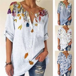 Aesthetic Summer Vintage Flower Printed T Shirt for Women V-neck Y2K 3/4 Sleeved T-shirt Elegant Tee Loose Casual Top Streetwear 220511