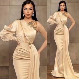 Champagne Mermaid Evening Formal Dresses with Long Sleeve 2022 Stain Lace Beaded Arabic Pleated Prom Gown Robe De Marrige