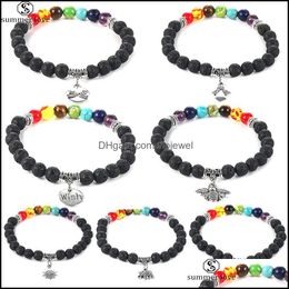 Link Chain Bracelets Jewellery 7 Chakra Healing Beaded Bracelet 8Mm Lava Stone Tiger Eye Beads For Women Men Fashion Yoga Char Dhk