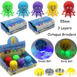 WHOLESALE Colourful Octopus Shape Herb Grinder Smoking Accessories Smile Ocean With Light Grinder 55mm OD Diameter 3 Layers Plastic Crushers GR358