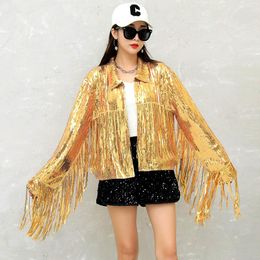 Women's Jackets Women Silver Tassel Sequin Jacket Hip Hop Jazz Dance Fringe Reflective Short Coat Performance Autumn Streewear Outwear TopsW