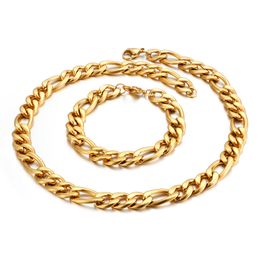 10/12mm Wide Huge Figaro Link NK Chain Necklace Bracelet Jewellery Set Stainless Steel Silver Gold Black For Mens Women