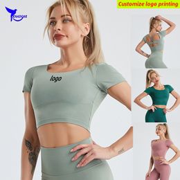 Elastic Quick Dry Short Sleeve Padded Running Shirts Women Crossback Sportswear Crop Top Gym Yoga Workout Fitness Clothes Custom 220608