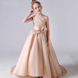 Girl's Dresses Simple Flower Girl Dress With Bow Satin One Shoulder O-Neck Sash Wedding Birthday First Conmunion Dancing GownGirl's