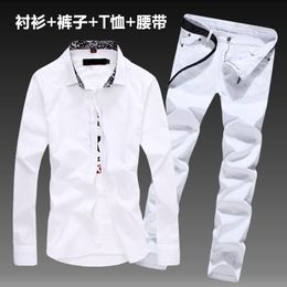 Men's Tracksuits Men's Long Sleeve Shirt Jeans Pants With Belt Two Pieces Set Casual Floral Neck M33Men's